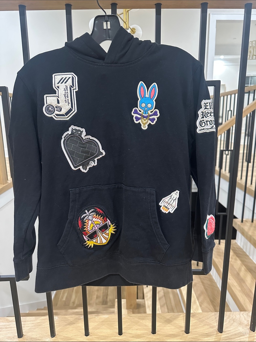 Psycho Bunny Black Hoodie with Multicolor Patch Accents
